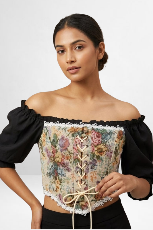 Vintage Floral Lace-Up Corset Crop Top