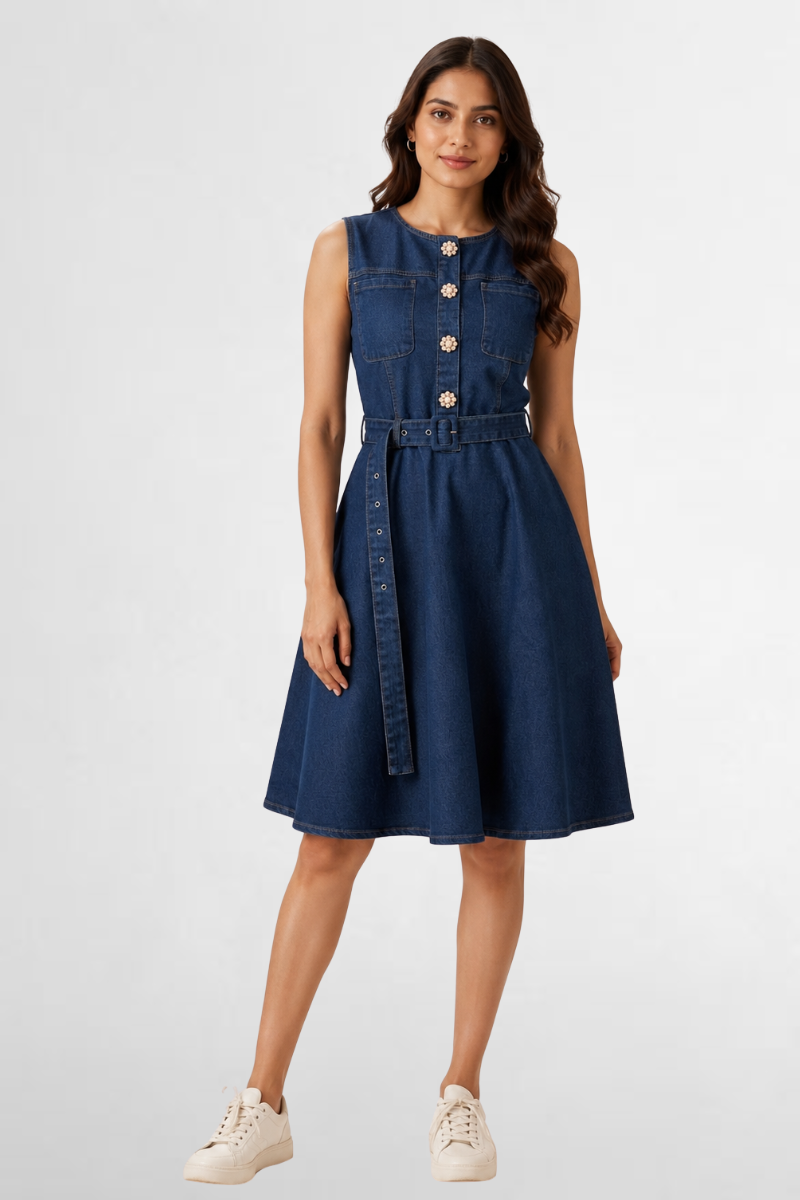 Belted Denim Fit & Flare Dress