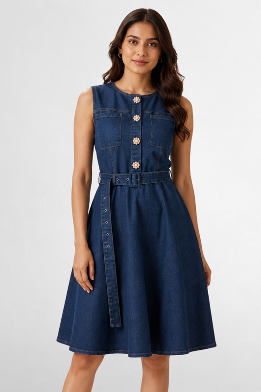Belted Denim Fit & Flare Dress