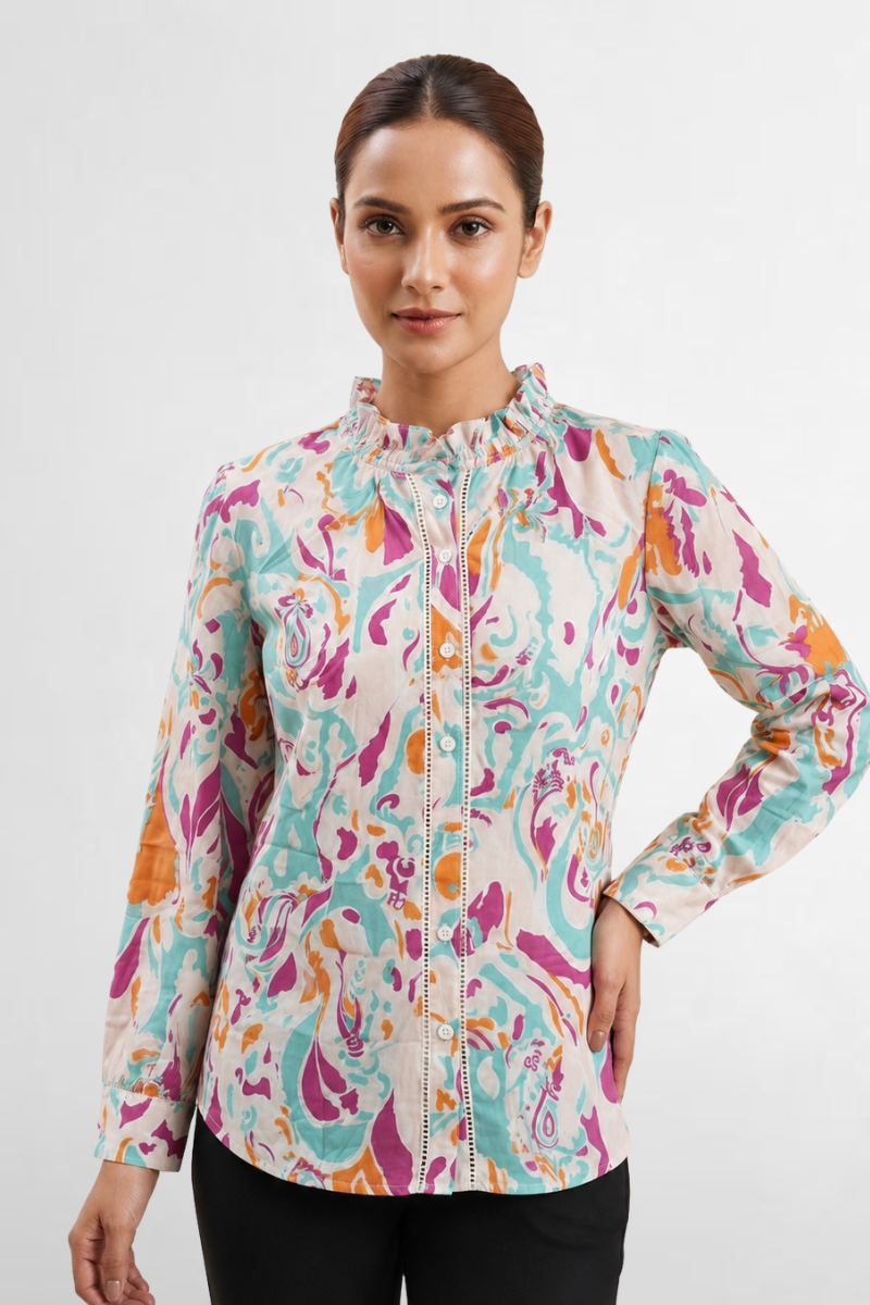 Floral Ruffle-Neck Blouse