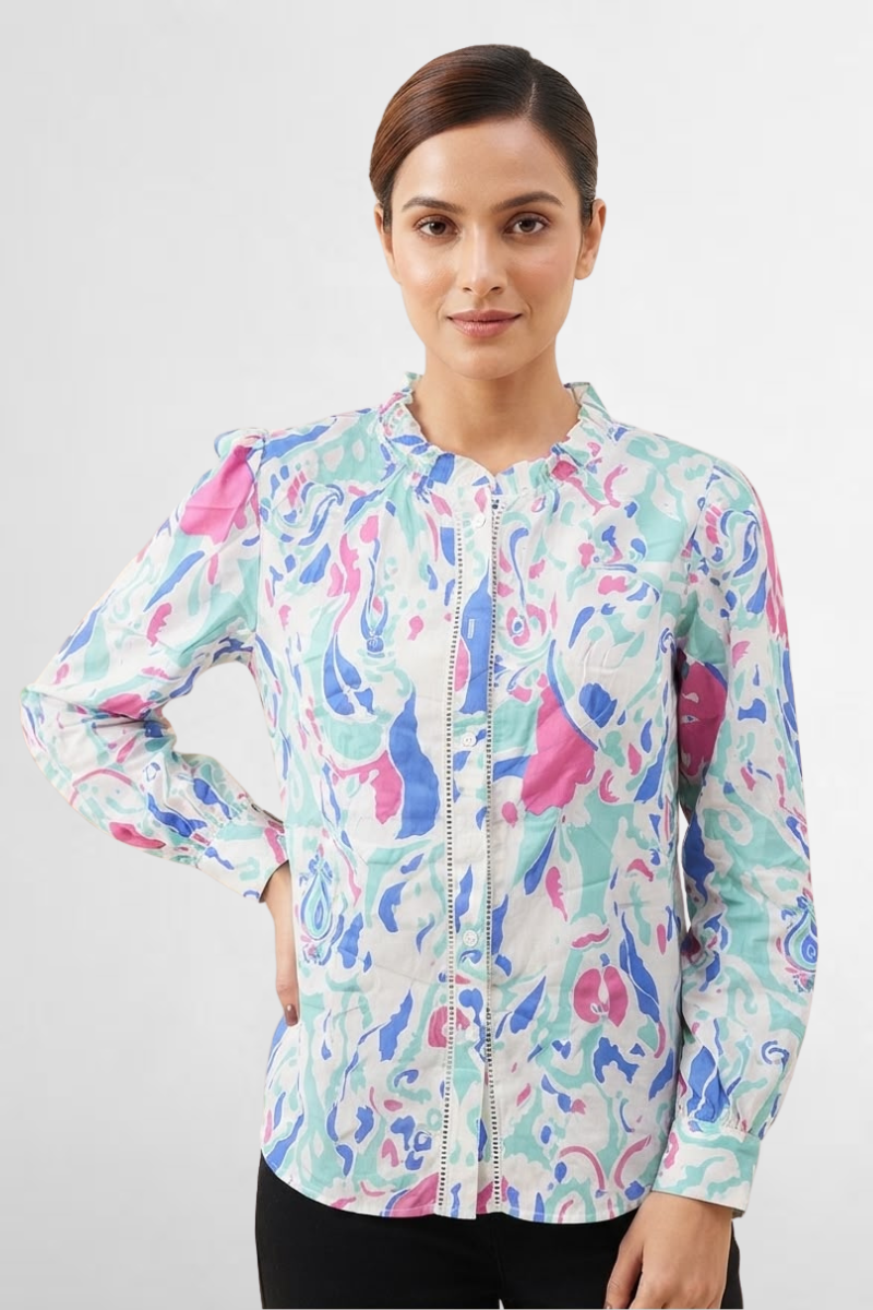 Floral Ruffle-Neck Blouse
