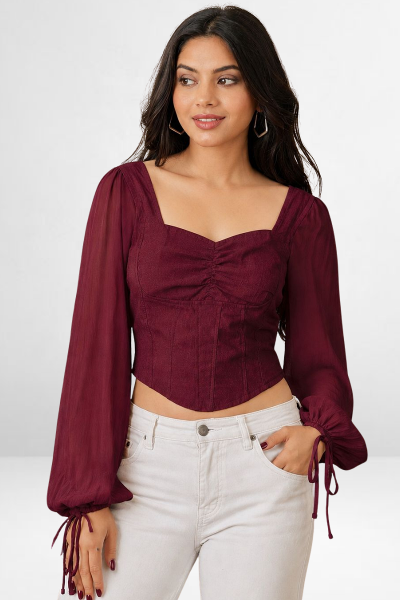 Ruched with Sheer Puff Sleeves