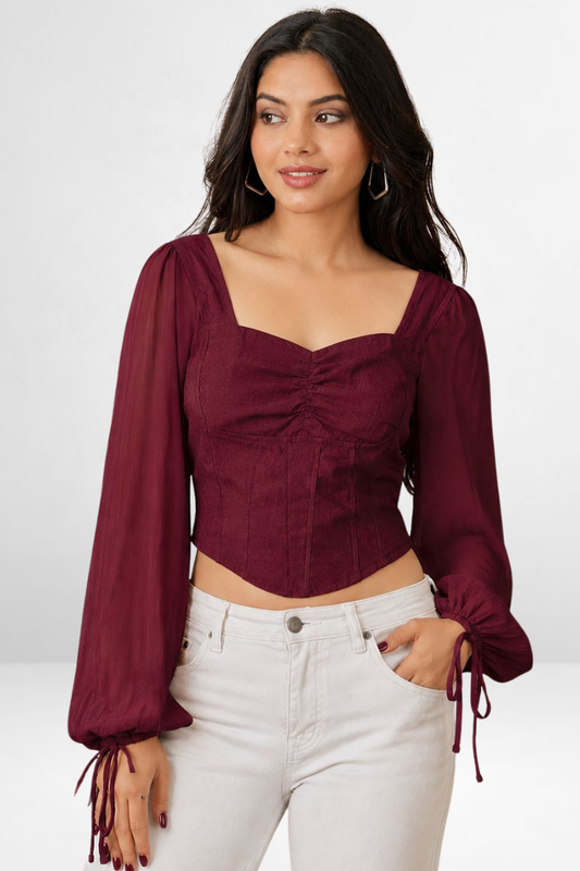 Ruched with Sheer Puff Sleeves