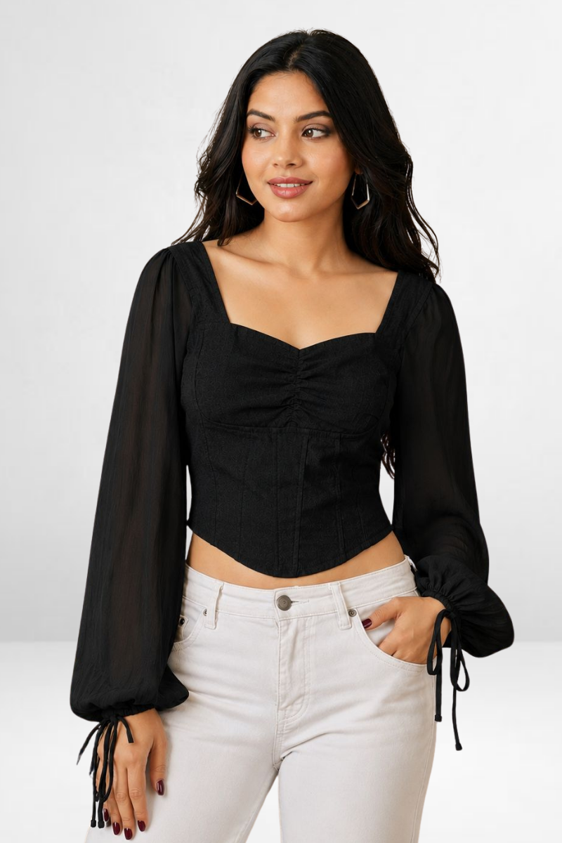 Ruched with Sheer Puff Sleeves
