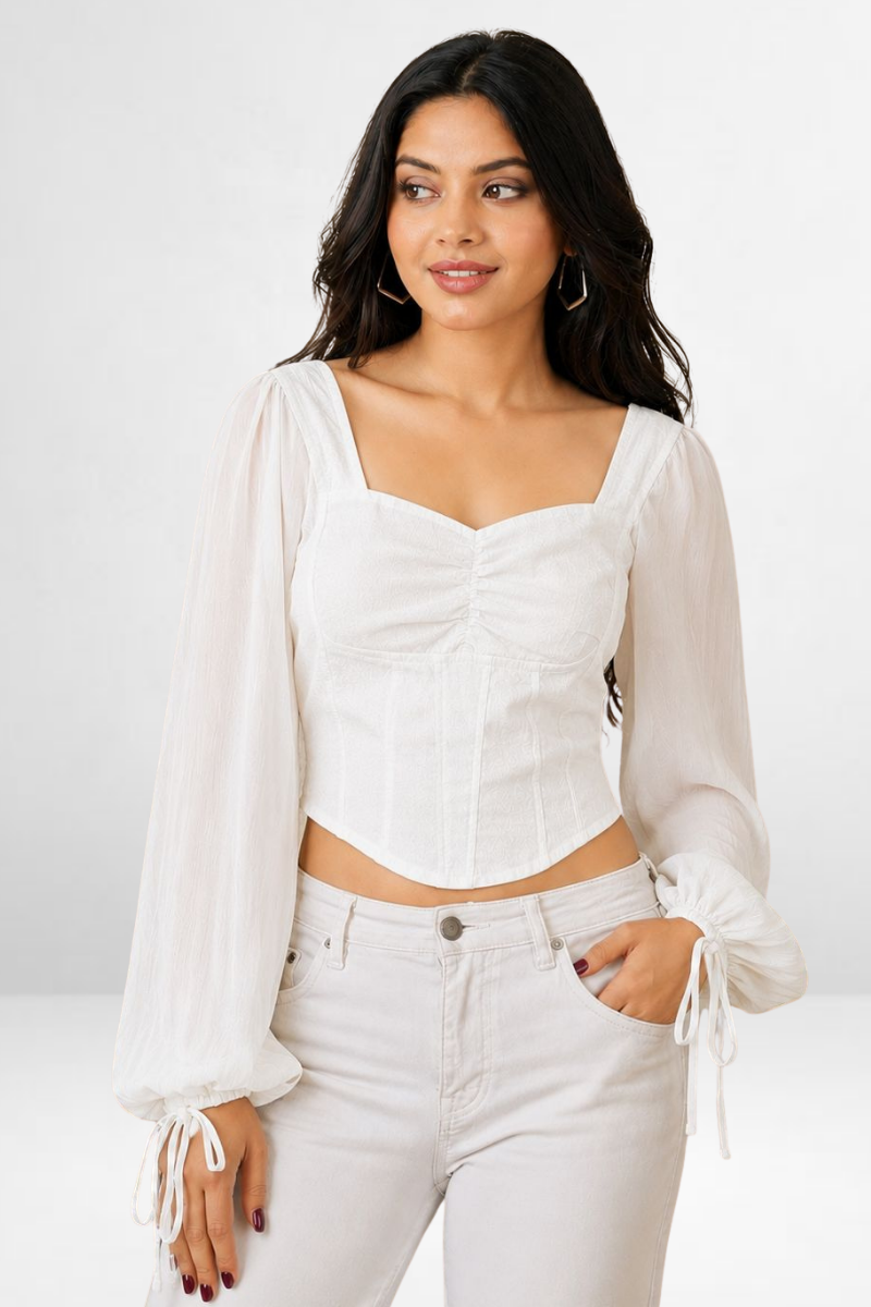 Ruched with Sheer Puff Sleeves