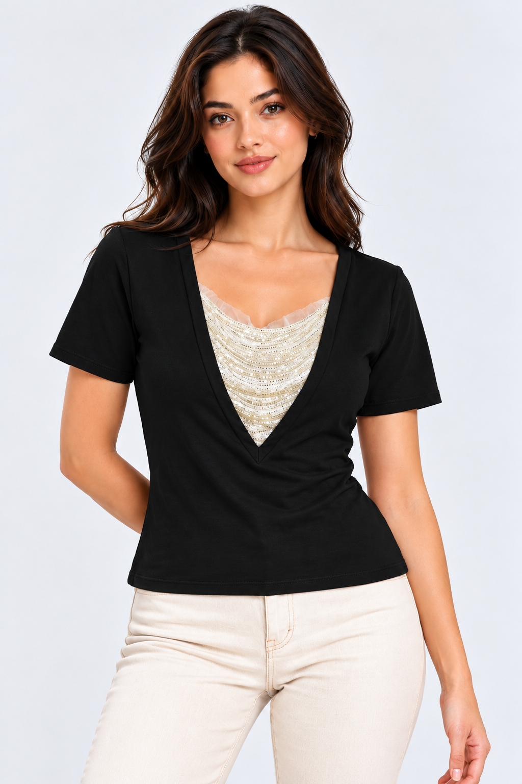Sequin Cowl V-Neck Top