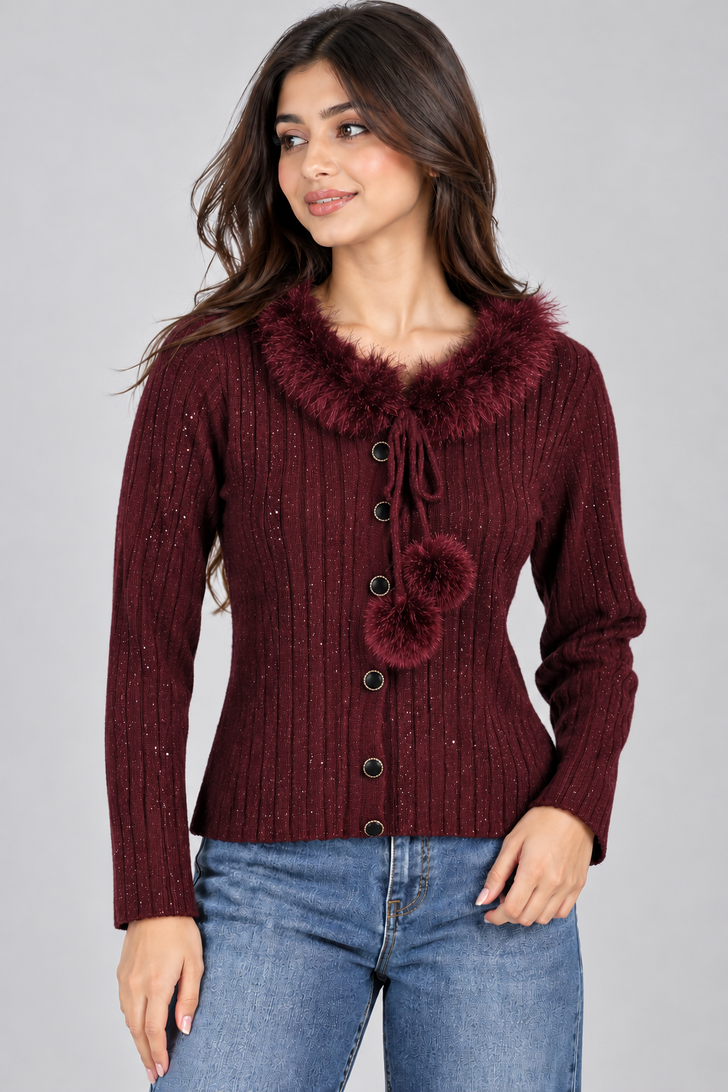 Fur Trim Sparkle Ribbed Cardigan