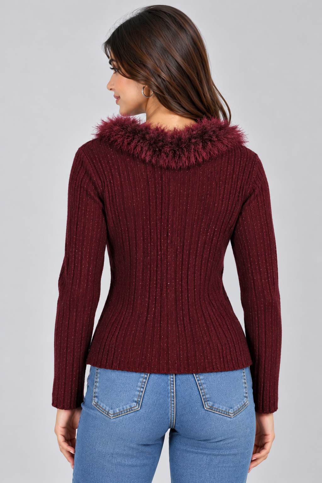Fur Trim Sparkle Ribbed Cardigan