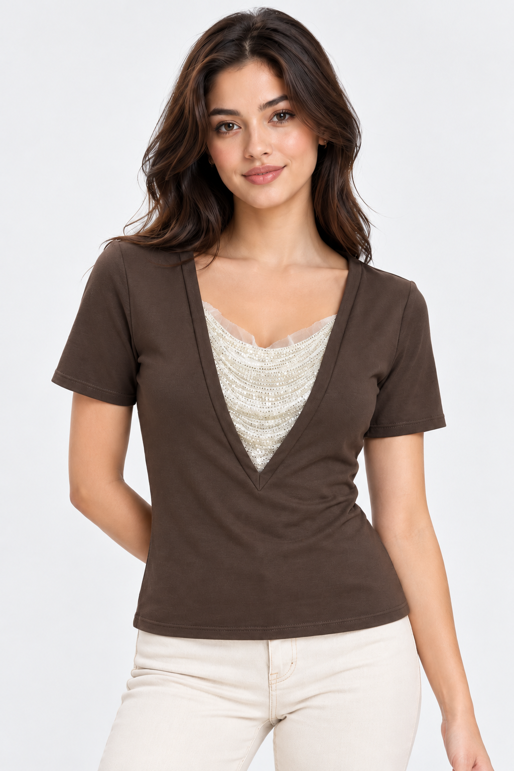 Sequin Cowl V-Neck Top