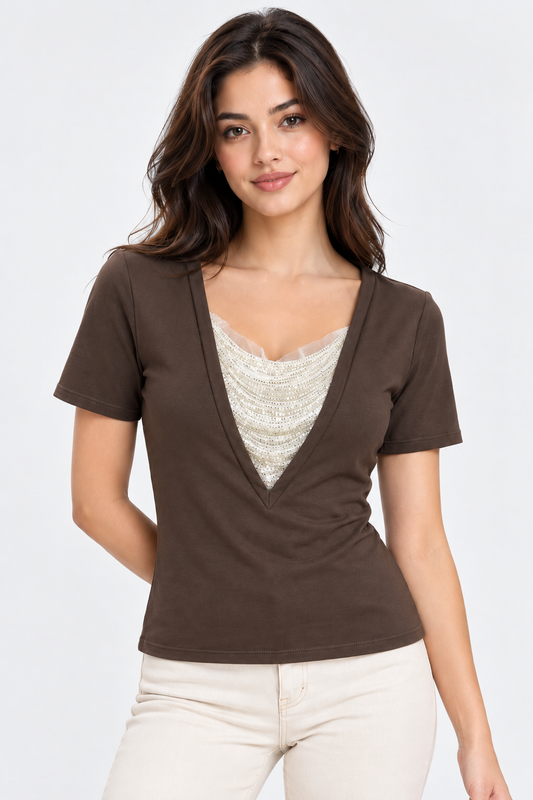Sequin Cowl V-Neck Top