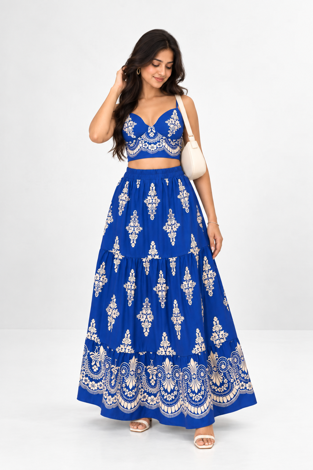 Printed Crop Top & Tiered Skirt Co-ord Set