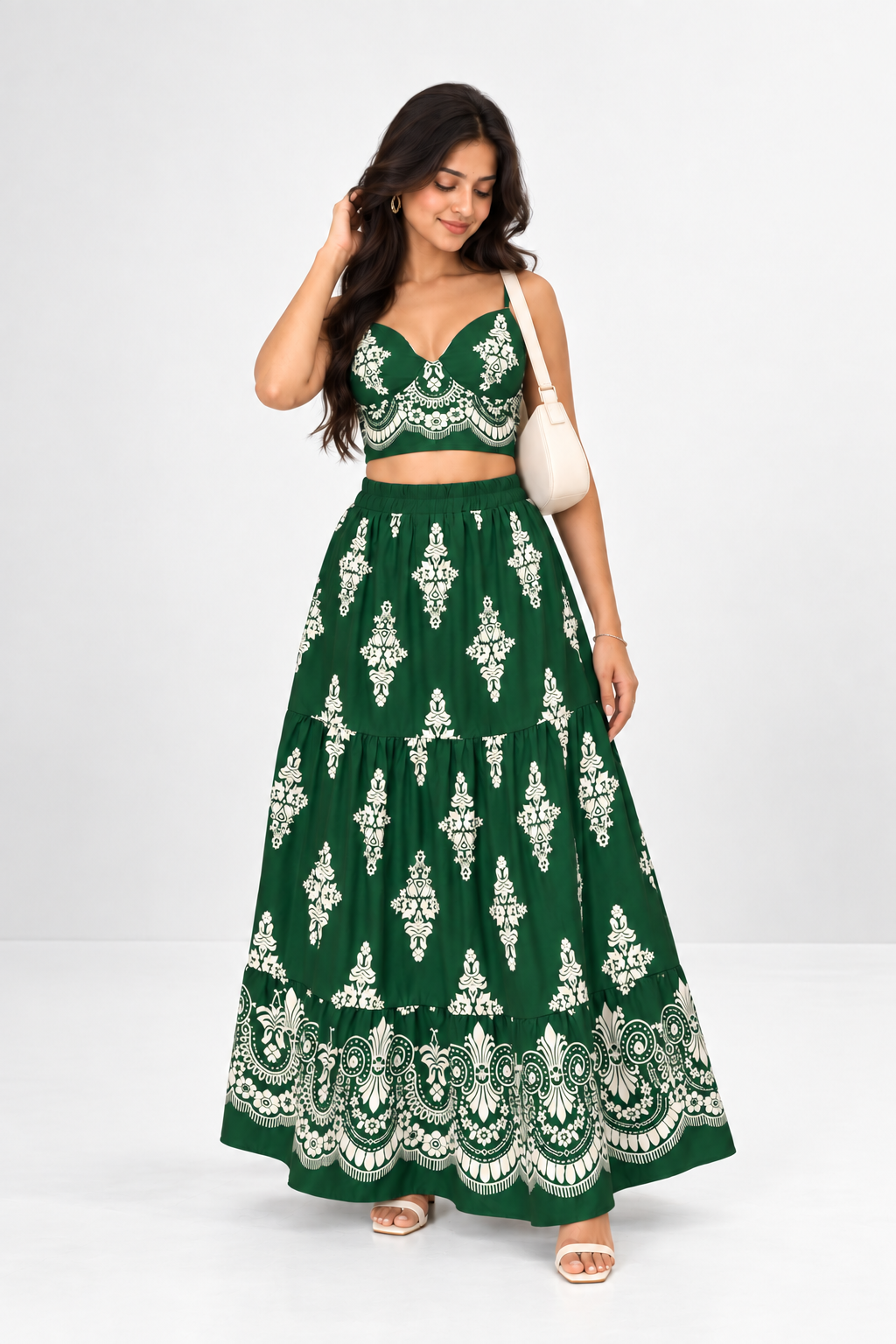 Printed Crop Top & Tiered Skirt Co-ord Set