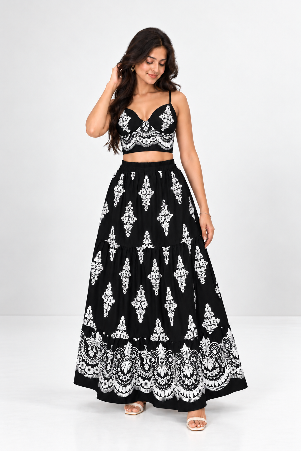 Printed Crop Top & Tiered Skirt Co-ord Set