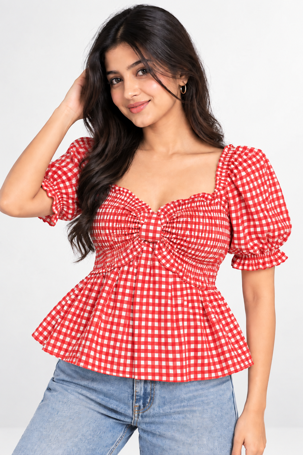 Gingham Bow Peplum Top