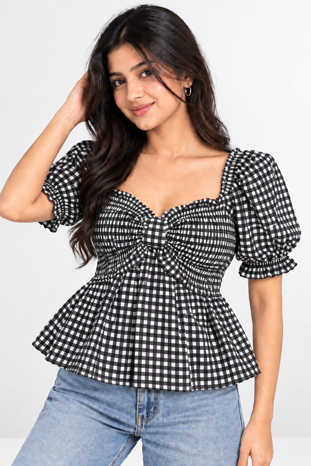 Gingham Bow Peplum Top