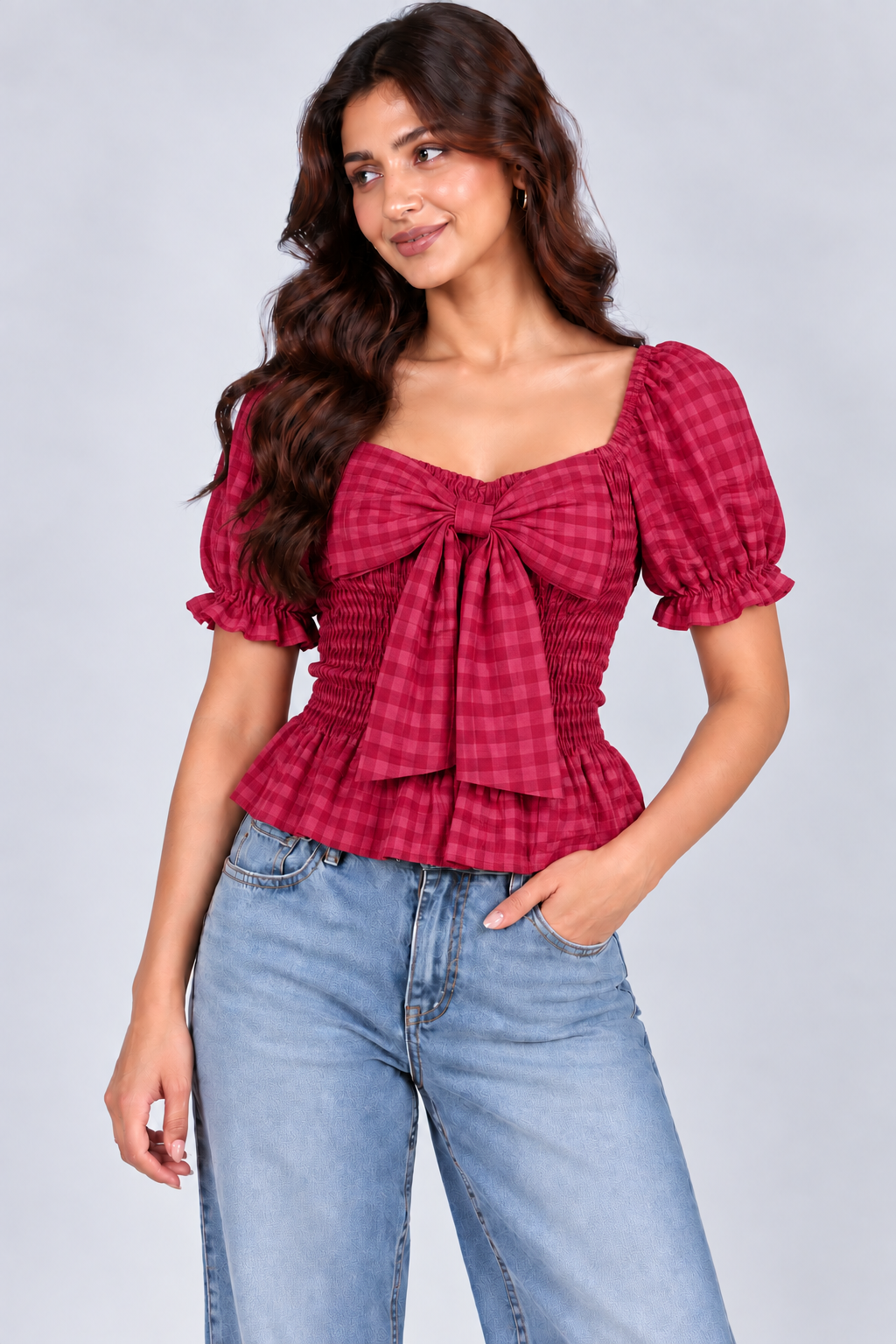 Gingham Bow Smocked Top