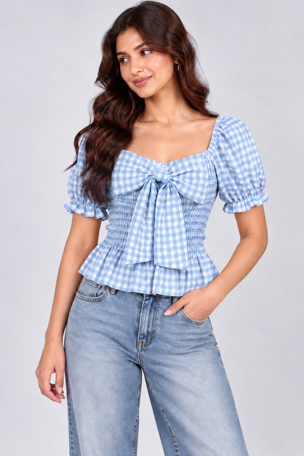 Gingham Bow Smocked Top