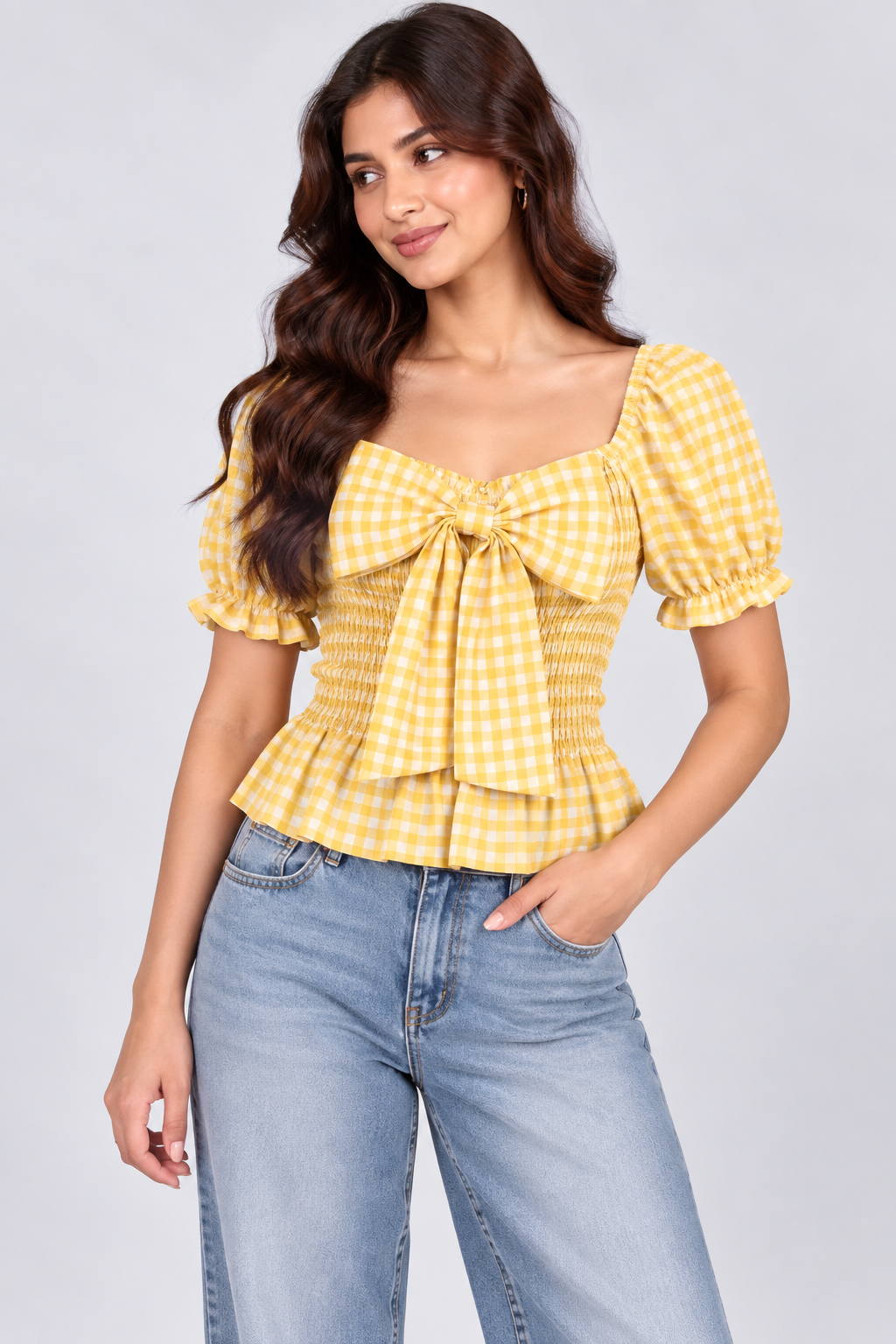 Gingham Bow Smocked Top