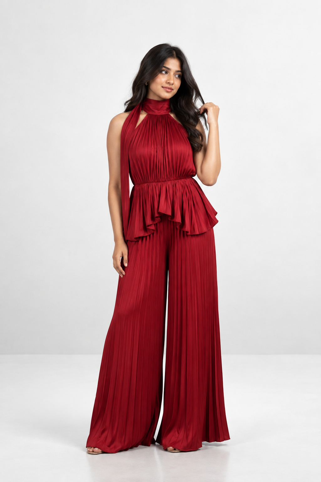 Pleated High-Low Halter Neck Co-ord Set