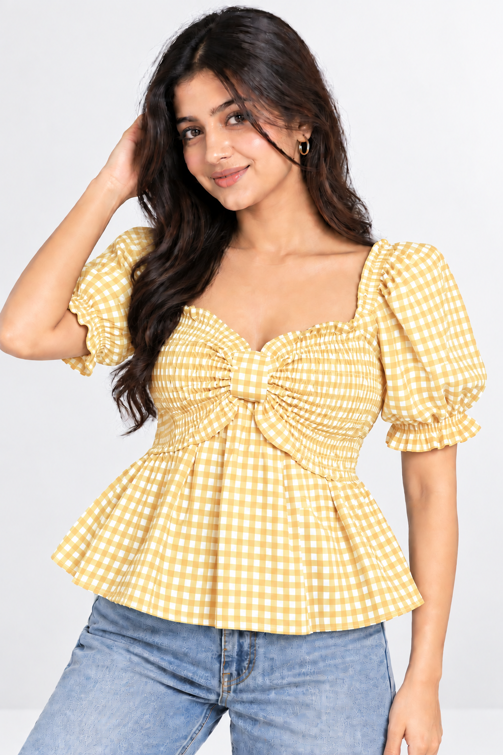 Gingham Bow Peplum Top