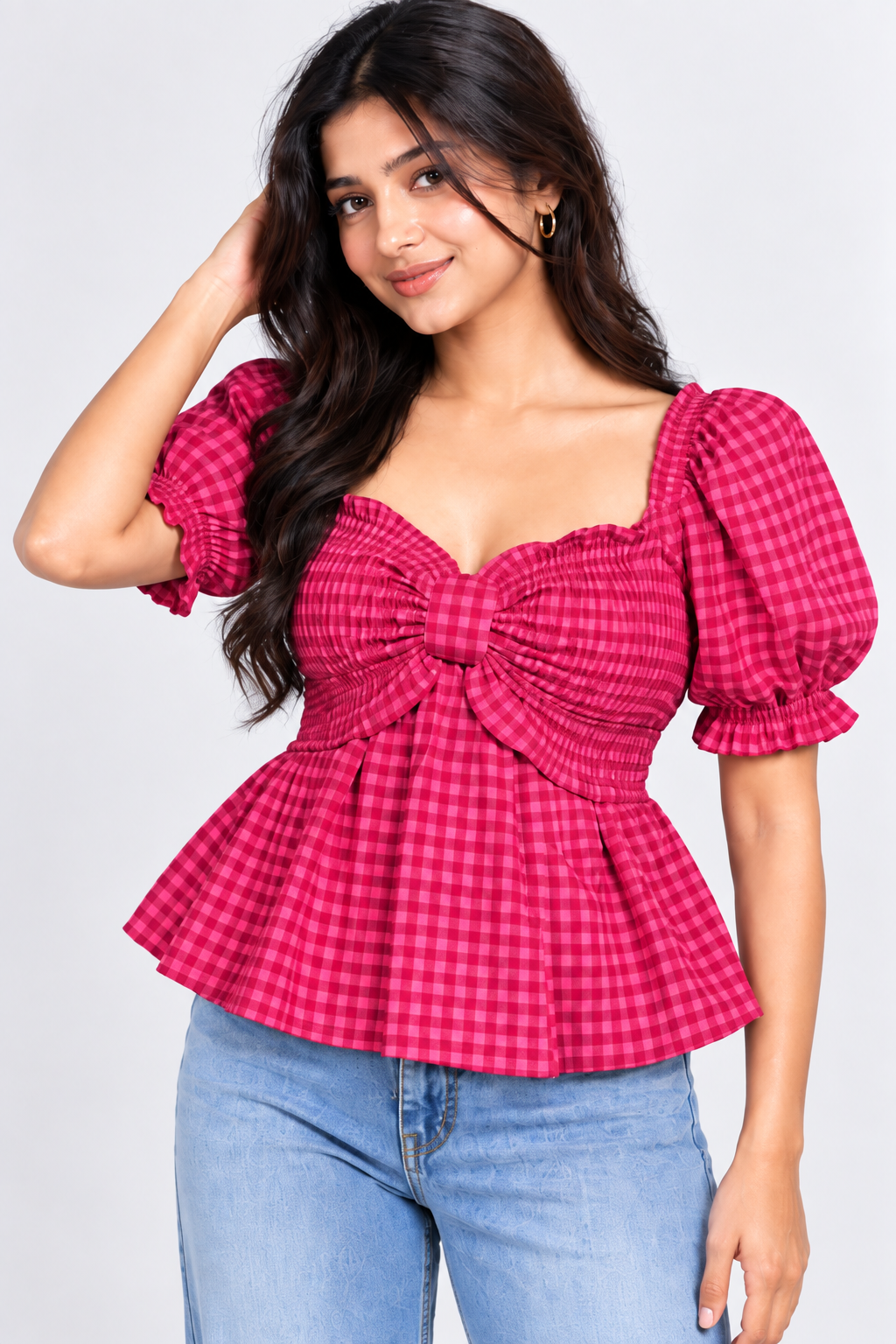 Gingham Bow Peplum Top