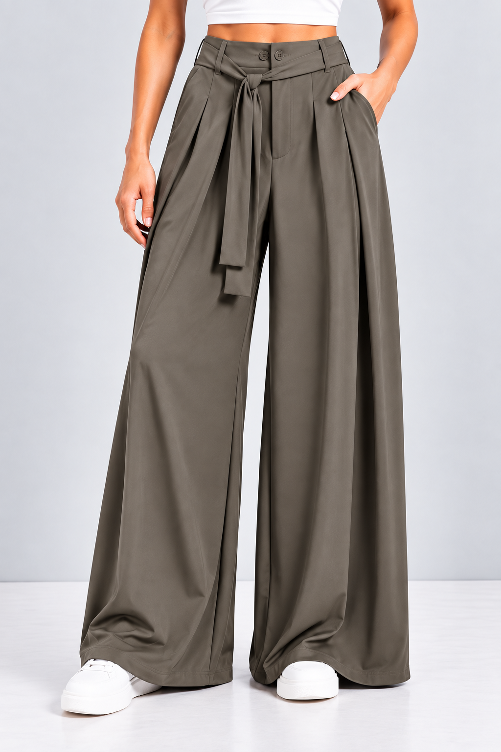 Tie-Waist Wide Leg Trousers