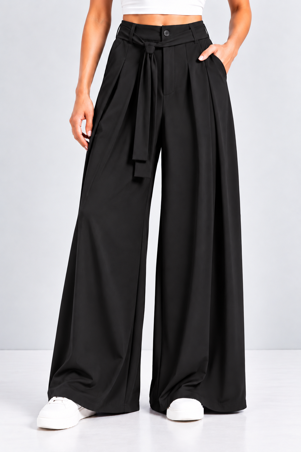 Tie-Waist Wide Leg Trousers