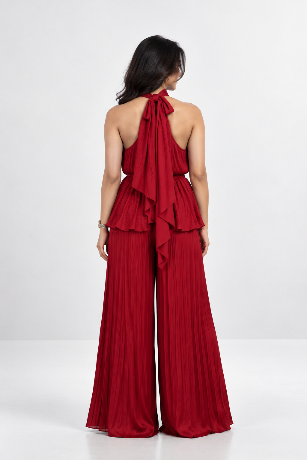 Pleated High-Low Halter Neck Co-ord Set