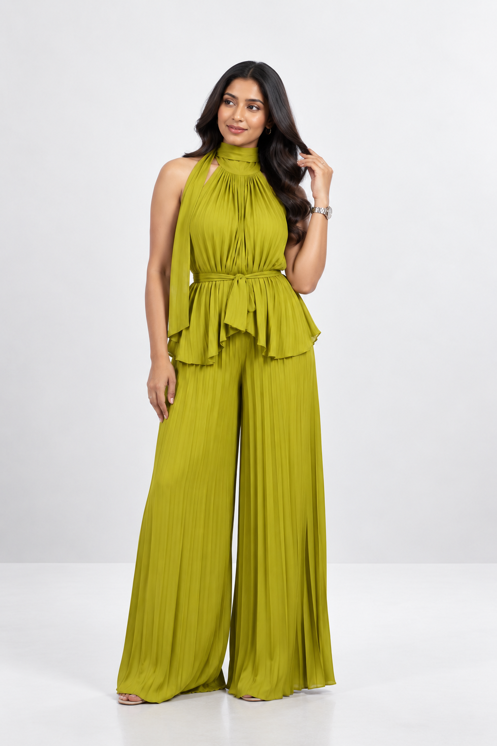 Pleated High-Low Halter Neck Co-ord Set