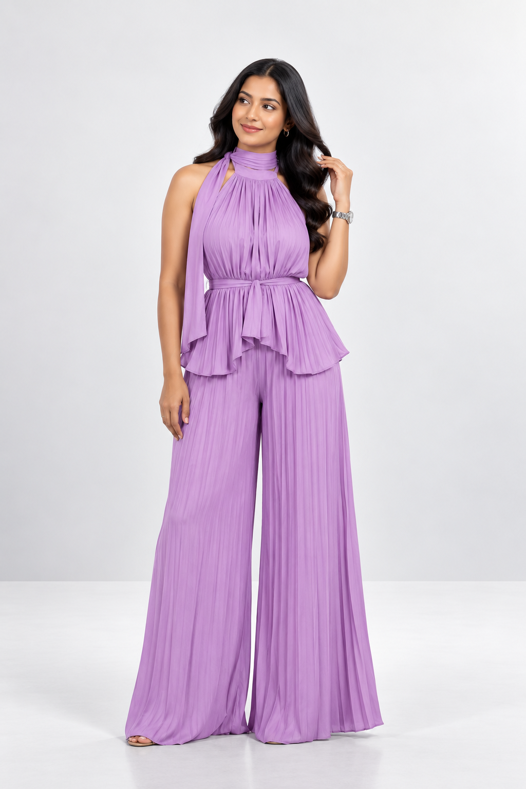 Pleated High-Low Halter Neck Co-ord Set