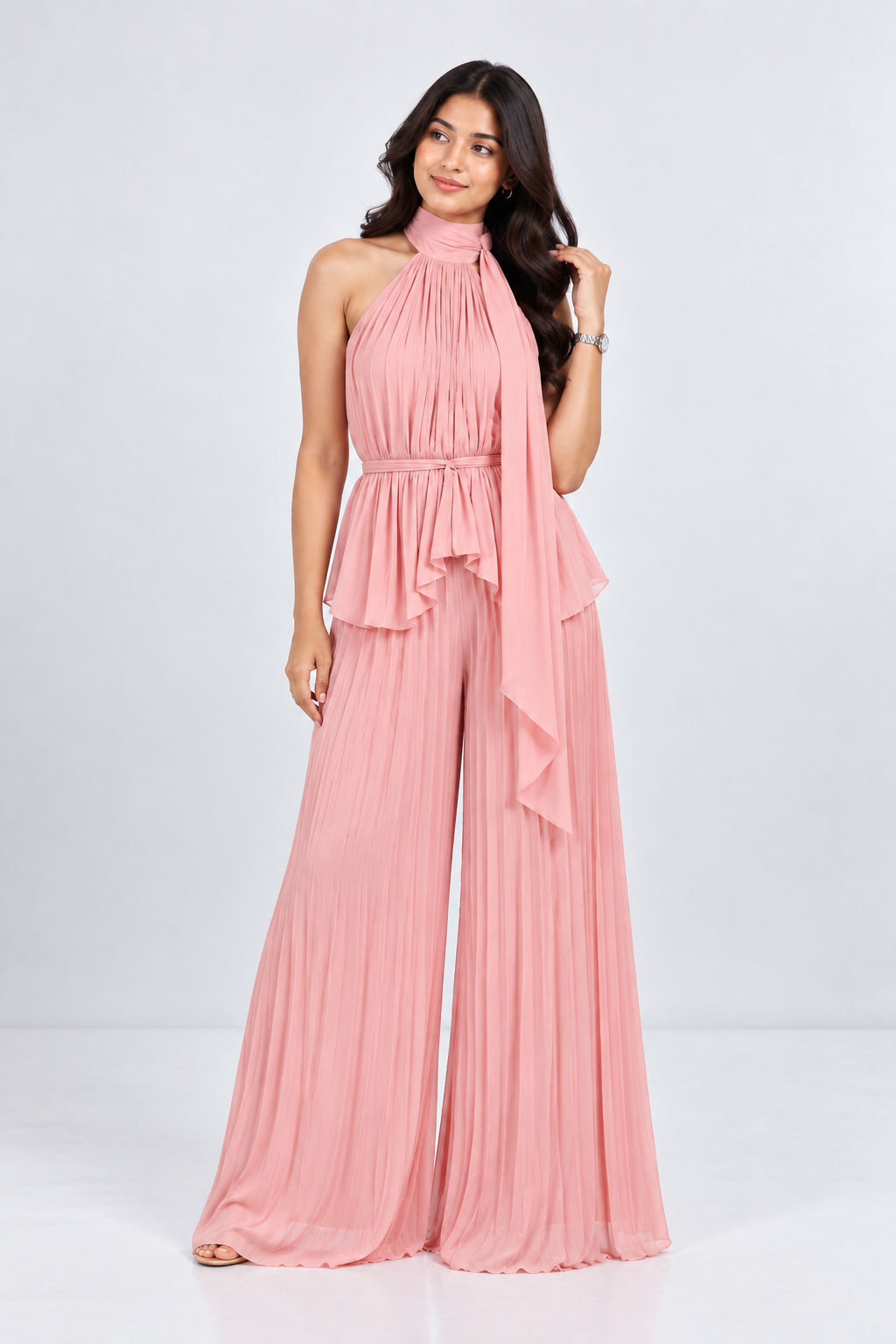 Pleated High-Low Halter Neck Co-ord Set