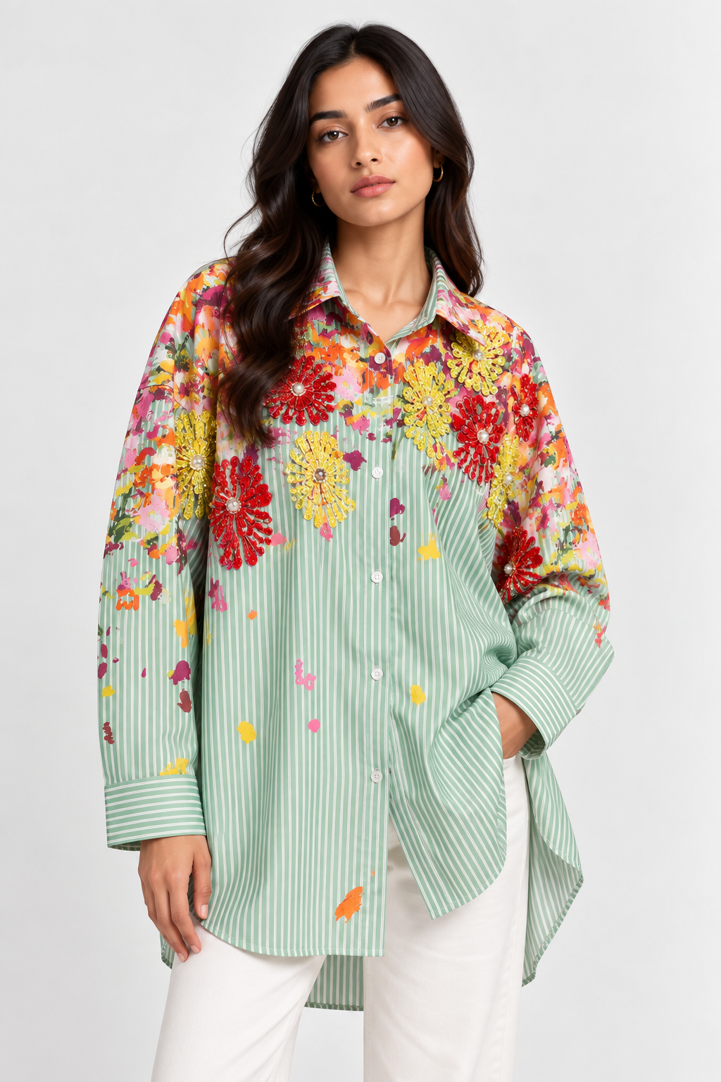 Floral Stripe Oversized Shirt