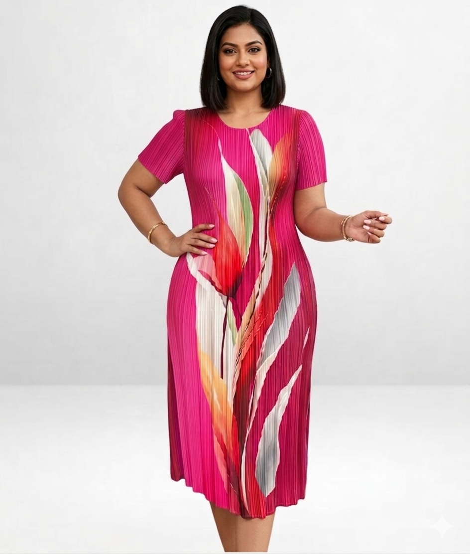 Abstract Pleated Midi Dress