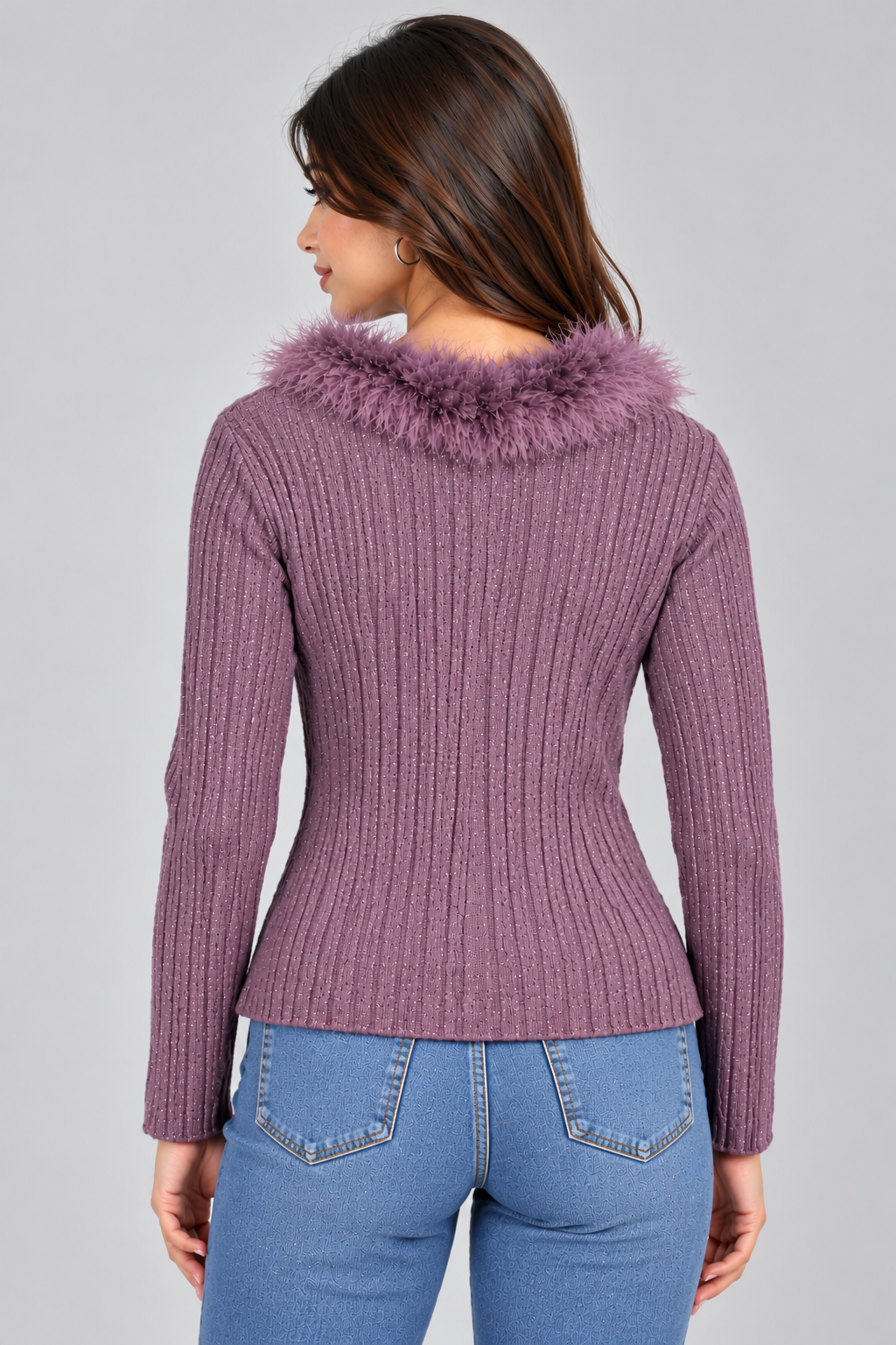 Fur Trim Sparkle Ribbed Cardigan