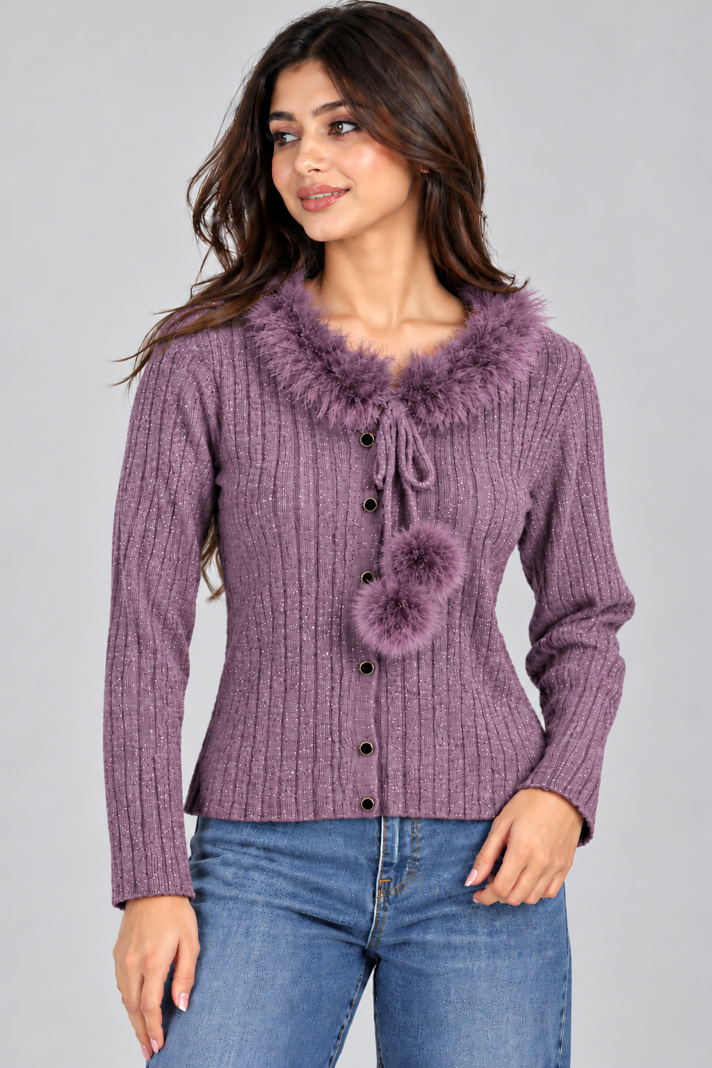Fur Trim Sparkle Ribbed Cardigan