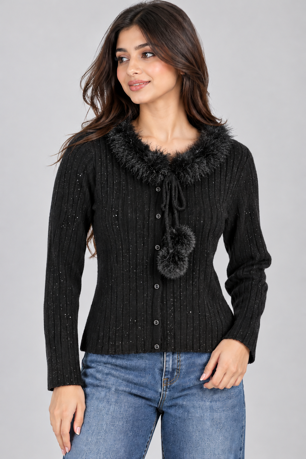 Fur Trim Sparkle Ribbed Cardigan