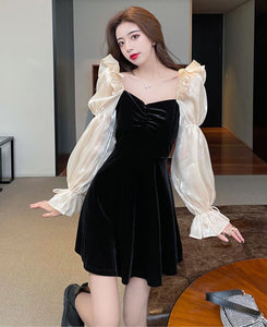 Organza Lantern Sleeves Korean V Neck Short Dress