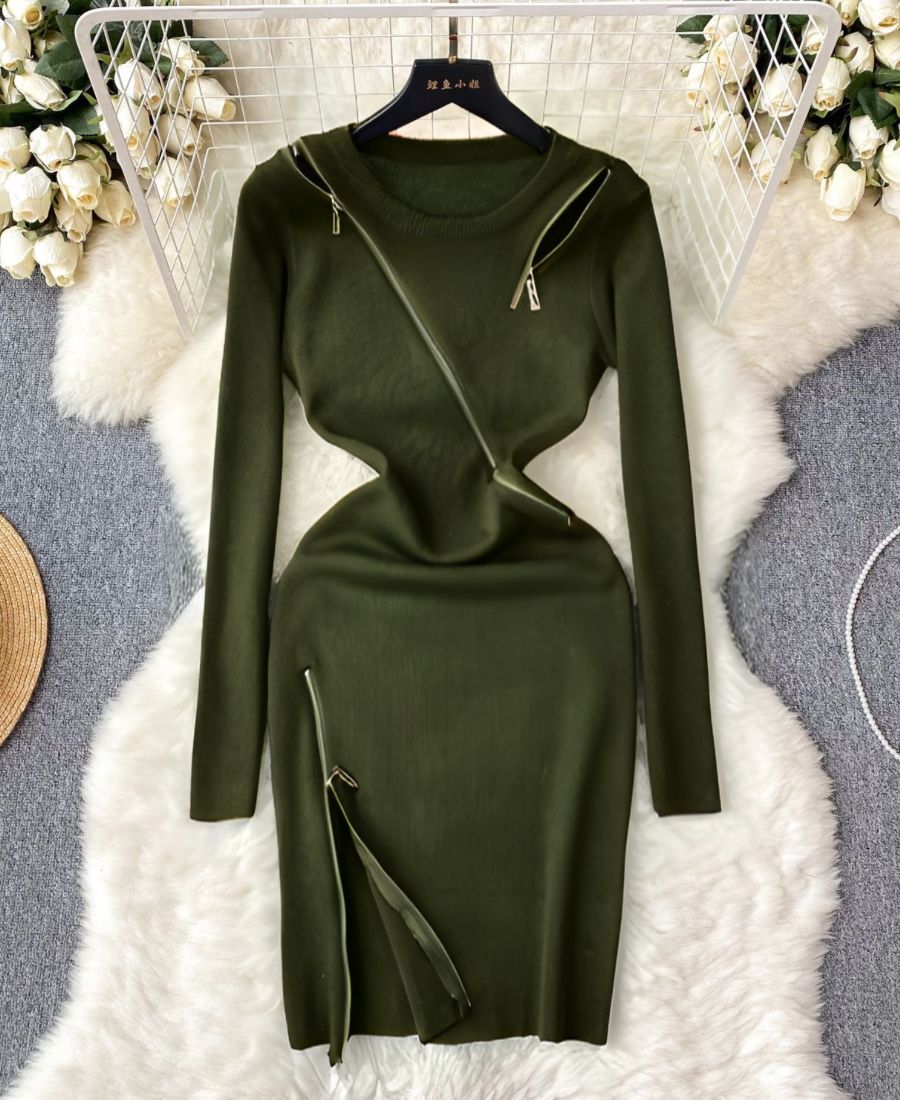 Military Green "Zip it Up" Multi Style with Zip Bodycon Dress