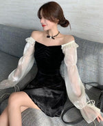 Load image into Gallery viewer, Organza Lantern Sleeves Korean V Neck Short Dress
