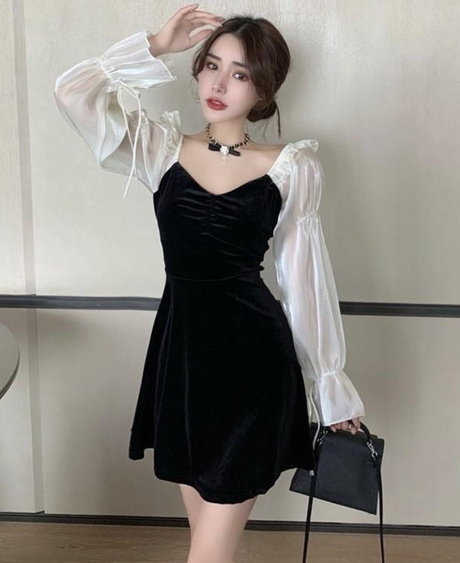 Organza Lantern Sleeves Korean V Neck Short Dress