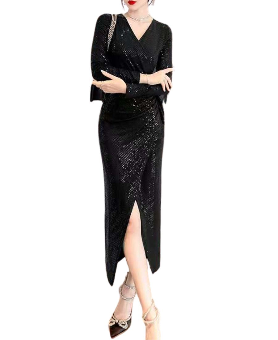 Black Sequined Long Dress with Slit