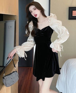 Organza Lantern Sleeves Korean V Neck Short Dress