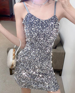 Silver Grey Sequined Bodycon Mini Dress