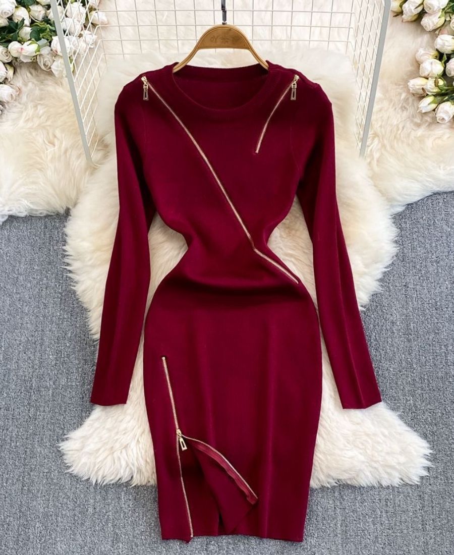 Maroon "Zip it Up" Multi Style with Zip Bodycon Dress