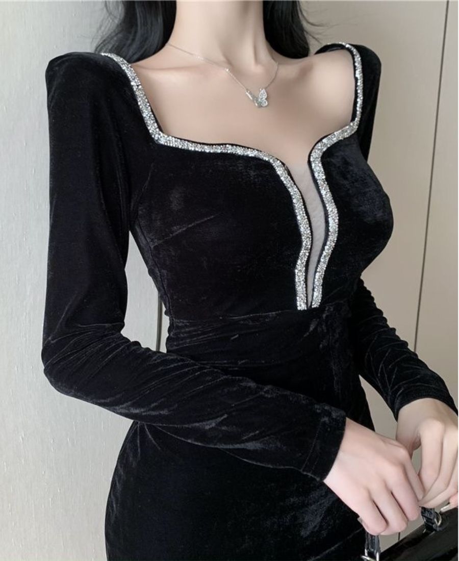 Black Crystal Deep V Neckline with sheer lining