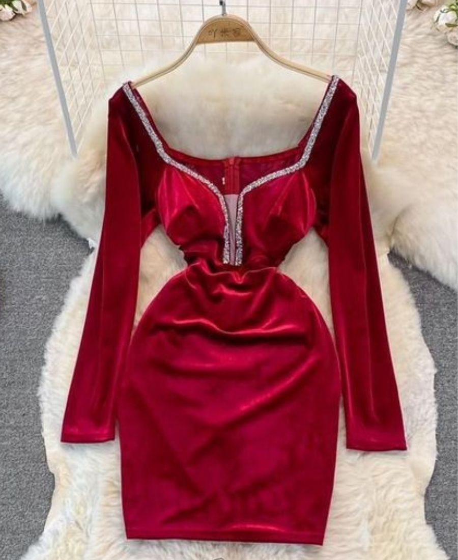 Red Crystal Deep V Neckline with sheer lining