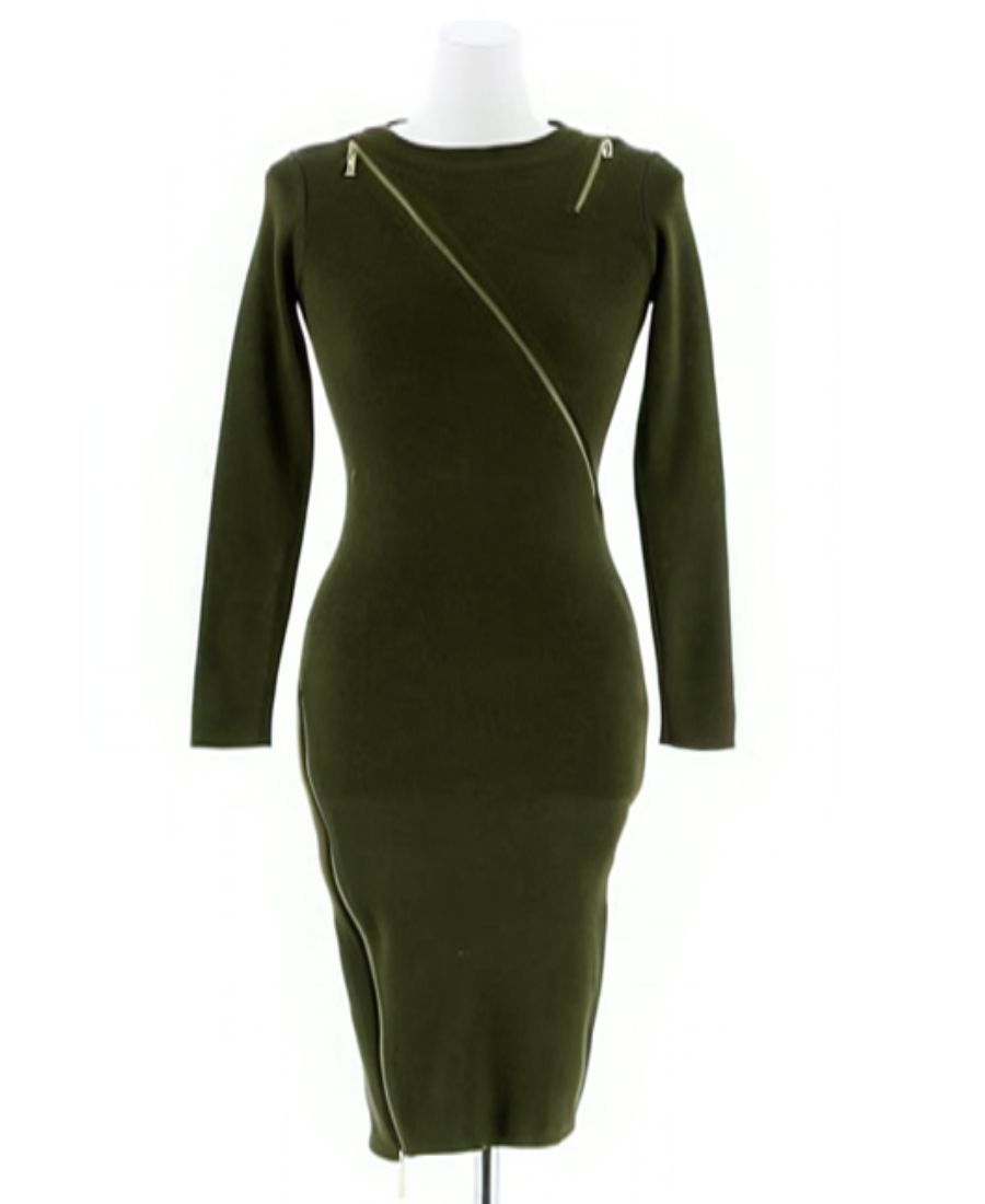 Military Green "Zip it Up" Multi Style with Zip Bodycon Dress