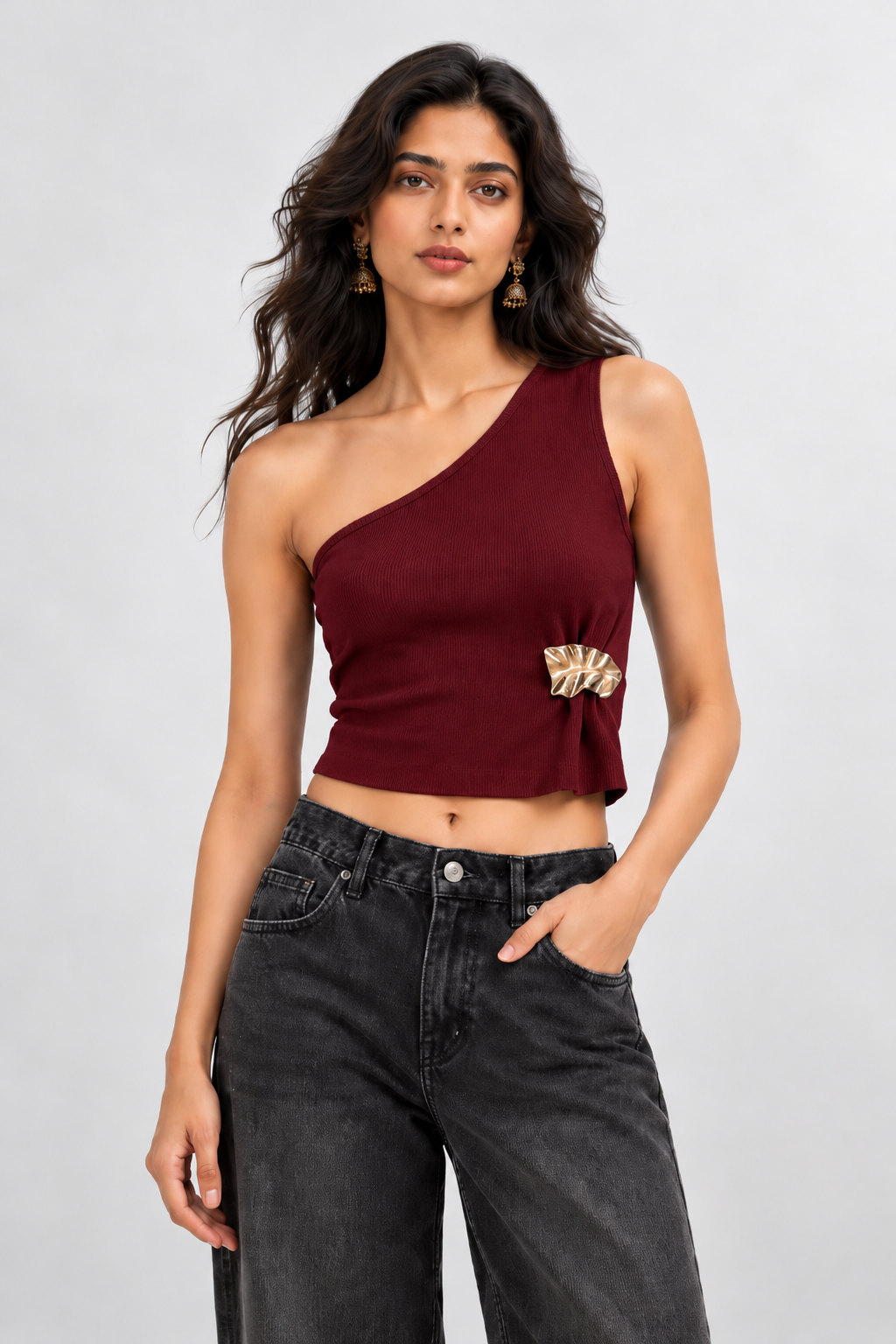 Metallic Knot One-Shoulder Top