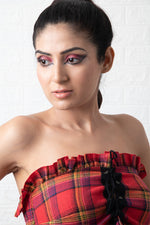 Load image into Gallery viewer, Red Plaid Lace Up Tube Top
