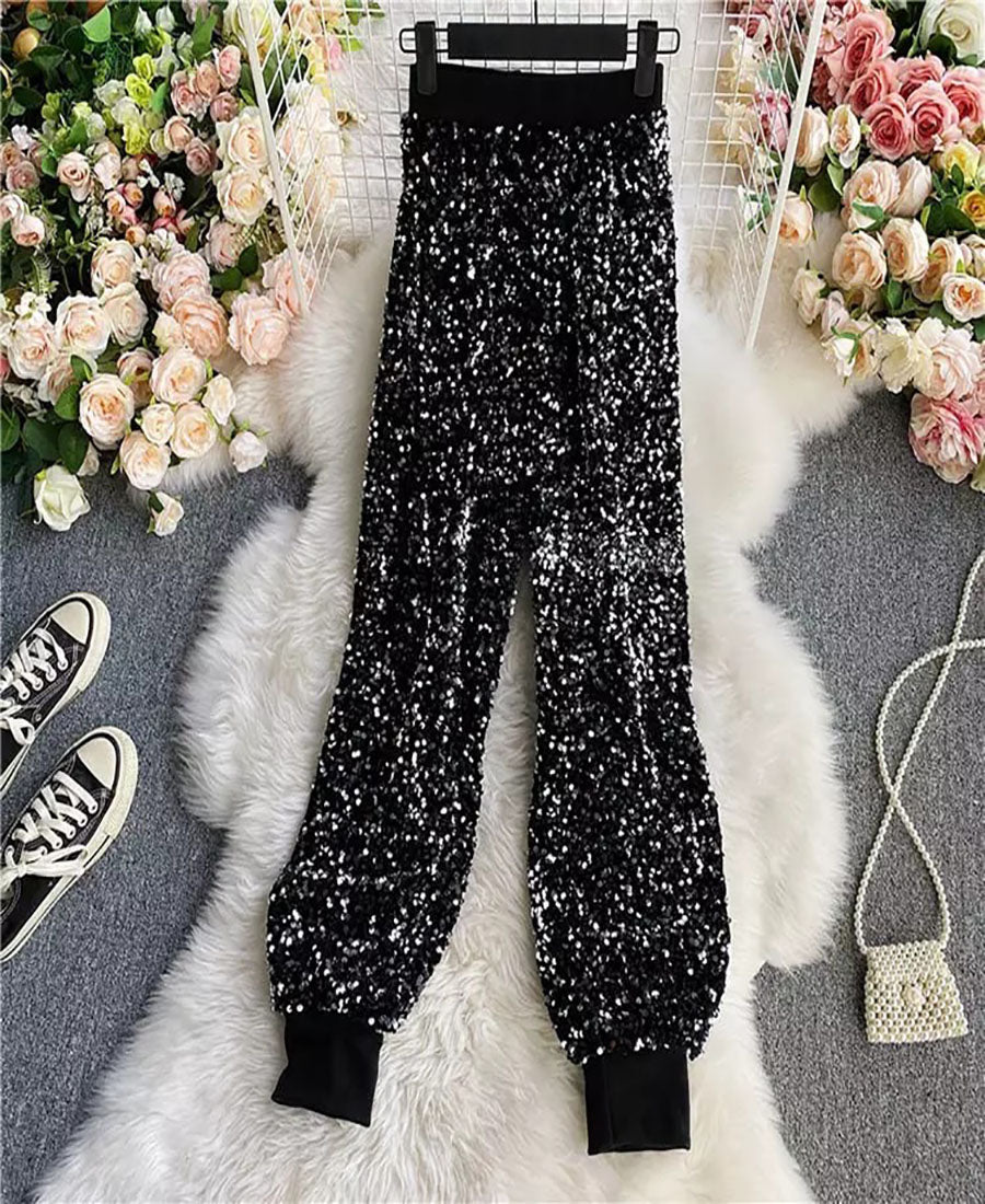 Silver Sequin High Waist Jogger Pants